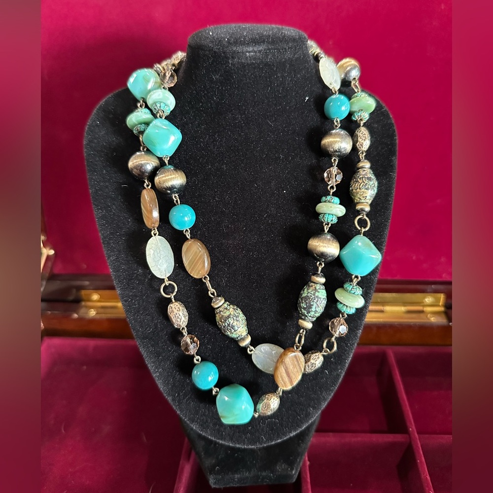 Turquoise and Brushed Gold Beaded Necklace 18-36”